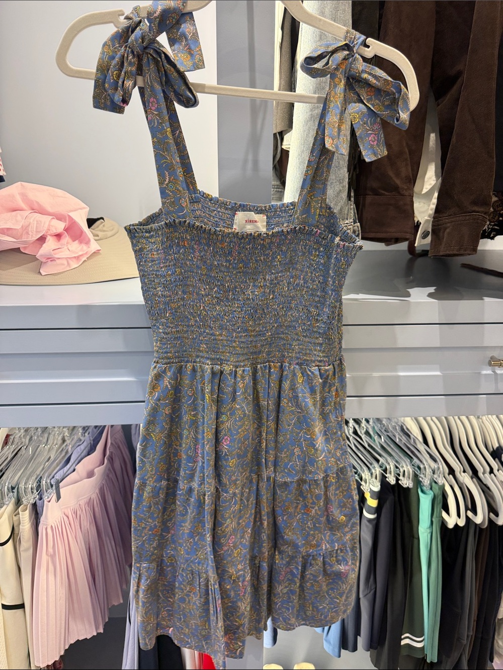 XiRENA Blue Floral Smocked Tie-Shoulder Kids Dress